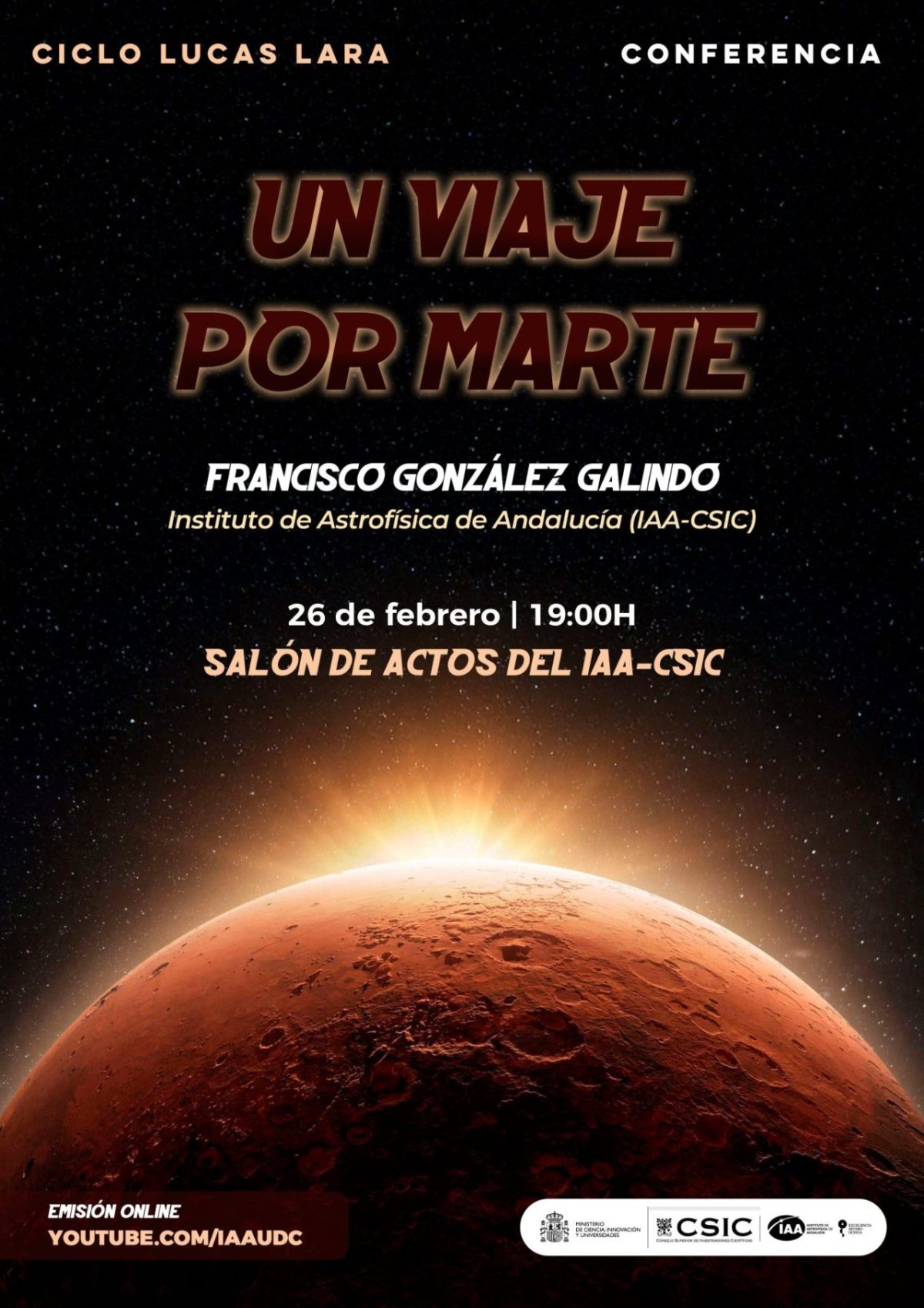 Cartel de la conferencia «Un viaje por Marte», de Francisco González Galindo.