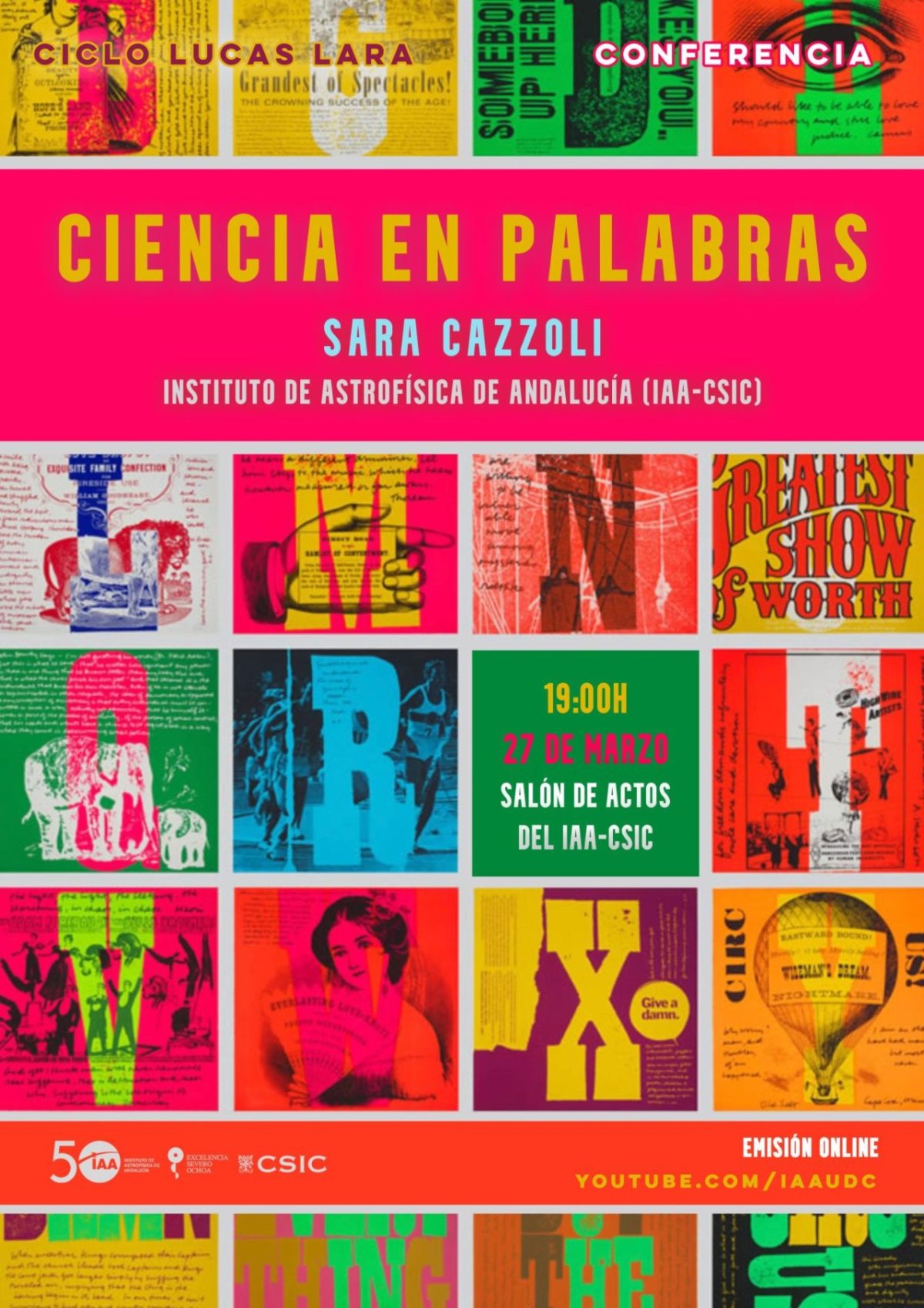 Cartel de la conferencia «Ciencia en palabras», de Sara Cazzoli.