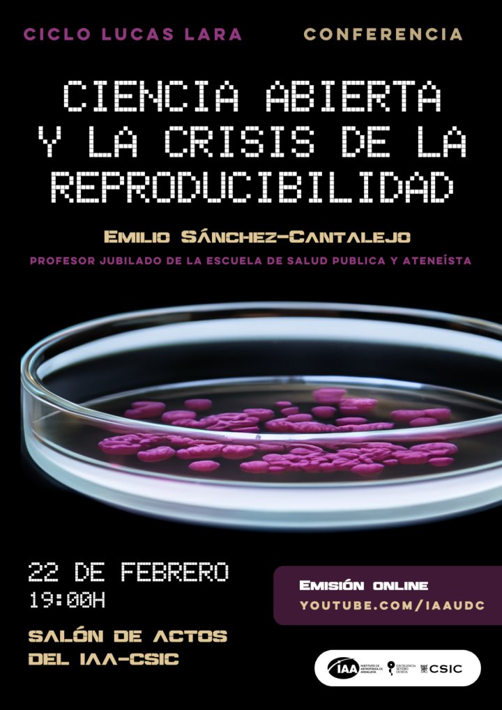Cartel de la conferencia «Ciencia abierta y la crisis de la reproducibilidad», de Emilio Sánchez-Cantalejo.