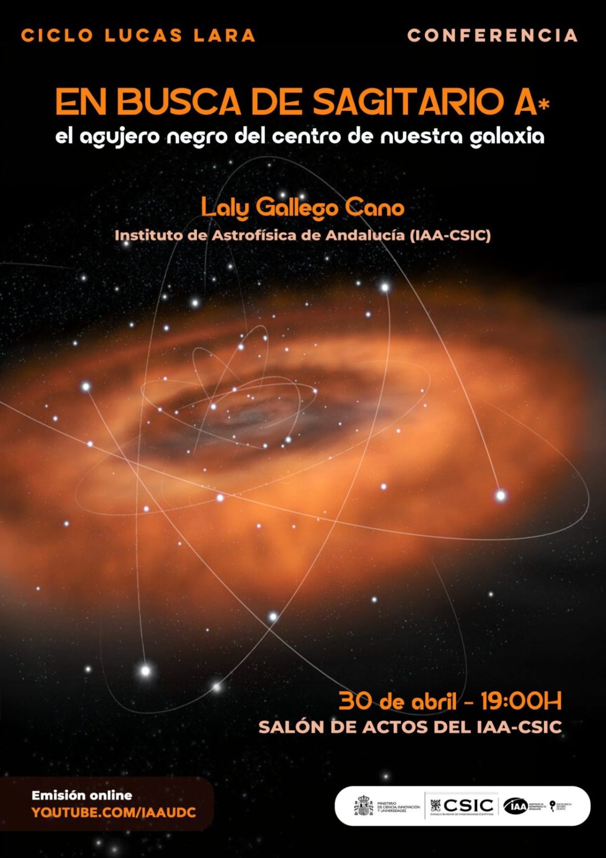 Cartel de la conferencia «En busca de Sagitario A*, el agujero negro del centro de nuestra galaxia», de Laly Gallego Cano.
