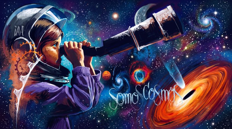 Escena «Somos Cosmos»: una niña con casco de astronauta mira por un telescopio hacia un cielo con galaxias, una nebulosa, un cometa y un agujero negro.